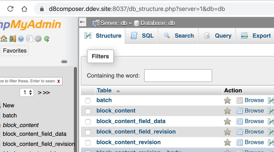 Tightly-cropped screenshot of phpMyAdmin running on a `.ddev.site` domain in a browser window