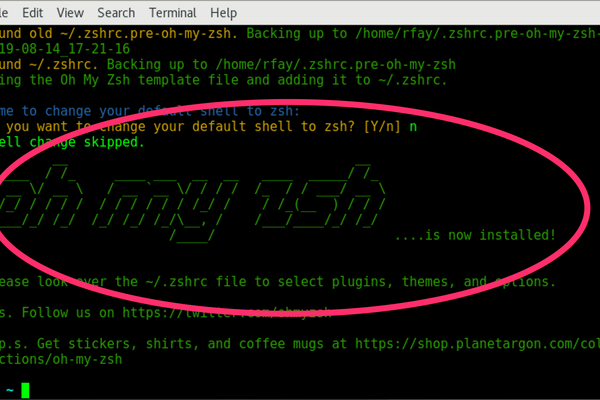 Screenshot of a terminal window, with emphasis on “oh my zsh is now installed!”